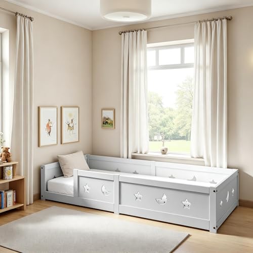 UTTQEW Cama Infantil Montessori de 90 x 200 cm, Cama de Madera Maciza con protección anticaída y somier, Cama Individual con diseño de Estrella y Luna, sin colchón, Color Blanco