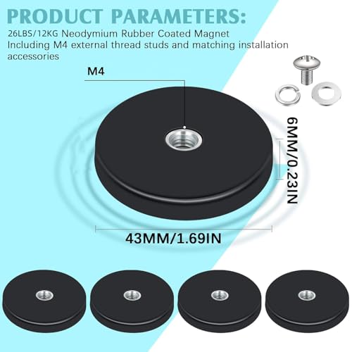 4 Stück Magnet Gummiert, 43mm Neodym Magnet Gummiert mit M4 Flacher Faden, Extra Stark 12 kg Haftkraft, Magnete Anti-Rutsch Starke Gummiert Magnete für Lichtleisten, Fahrzeuge