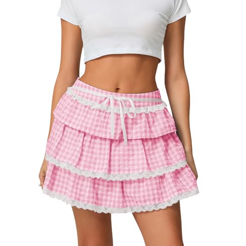 Women Y2K Plaid Pleated Mini Skirts Lace Trim Flowy A-line Layered Gingham Short Skirts Cute Ruffle Going Out Skirts