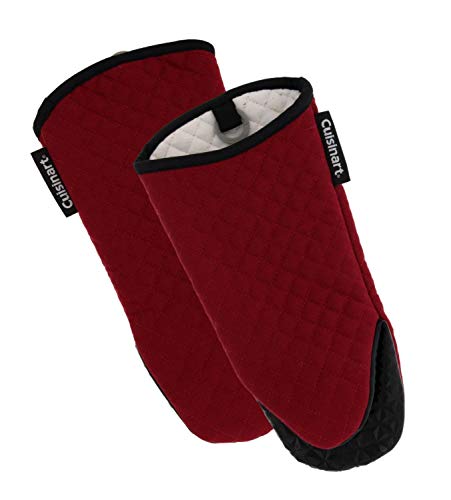 Cuisinart Silicone Oven Mitts 2pk - Heat Resistant Quilted Oven Gloves to Safely Handle Hot Cookware - Soft Insulated Deep Pockets Non-Slip Grip and Convenient Hanging Loop - Red Dahlia