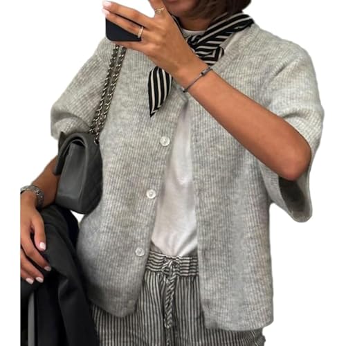 Image of Short Sleeve Sweater Cardigan Women Girl Cropped Button Down Knitwear Crochet Top Y2k Crop Knit Solid Shirt Blouse (Light Gray, S)