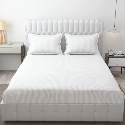 Image of KAWI Elastic Fitted Bedsheets (60 inchx78 inch) Queen Size Glace Cotton for Double Bed with All Around Elastic, 2 Large Pillow Cover, 200TC- White Striped Pattren