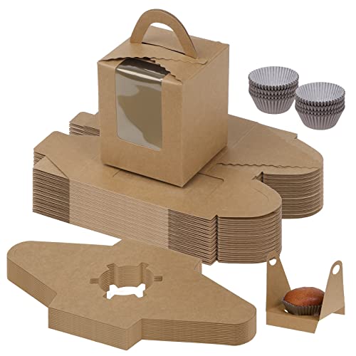 Fippy 50 Cajas Individuales para Cupcakes con 100 Fundas de Papel para Cupcakes, Cajas Individuales para Magdalenas con Asa y Ventana Transparente, para magdalenas pasteleras galletas, Marrón