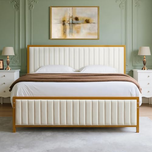 VECELO Bettgestell 140 x 200 cm, Metallbett Doppelbett mit Gepolstertem Kopf- und Fußteil, Bettrahmen mit Lattenrost, 32cm Höhe unter dem Bett, Kein...