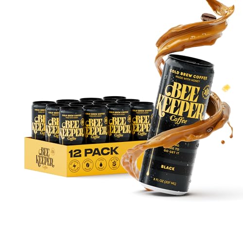 Image of Beekeeper Black Cold Brew Coffee Drinks with Oregon Honey | 12 Pack Refreshing Iced Coffee - Unsweetened & Strong Arabica Brew, 8 fl oz Ready-to-Drink Can - 180mg Natural Caffeine