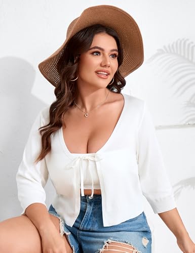Image of ShopWonder Women's V-Neck Tie Front Shrug 3 /4 Sleeve Rib-Knit Cardigan Sweater Crop Top