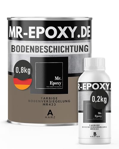 Mr. Epoxy Epoxidharz Bodenbeschichtung (1 kg, RAL 7006 Beigegrau) - 2K Betonfarbe für Garagen, Keller & Werkstatt Boden - Flüssigkunststoff Epoxid Grundierung und Bodenversiegelung