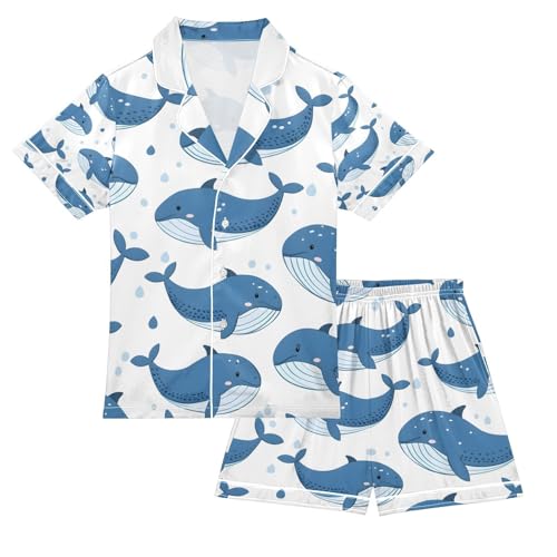senya Cartoon Whale B Satin Summer Pajama Sets Silk Short Sleeve Button Down Sleepwear