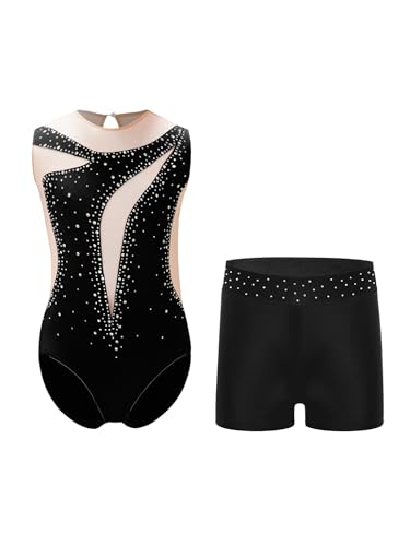 Kaerm Traje de ballet para niños y niñas, sin mangas, con brillantes, con cuello alto, maillot con pantalones cortos, chándal de gimnasia, Negro , 170 cm