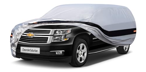 Image of Holhtly Car Cover Custom Fit for Chevrolet Suburban, Car Covers for Automobiles All Weather Waterproof Sun Snow Rain Wind Dust Protection, Outdoor Car Cover Gray & Black