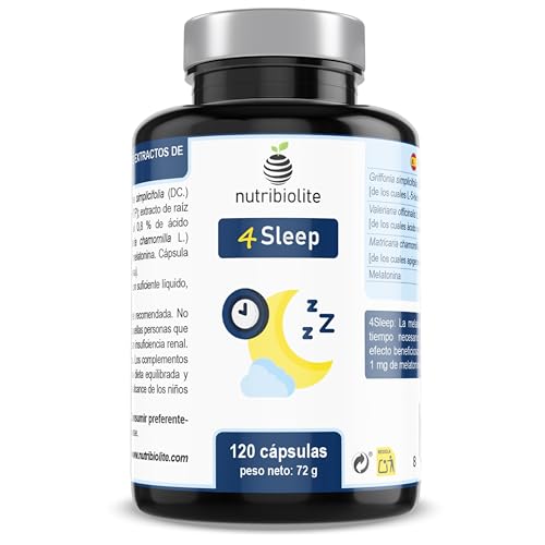 Complejo de Melatonina con 5 HTP Griffonia, Valeriana y Manzanilla – 120 Cápsulas Veganas | Suplemento Natural para Dormir Mejor, Reducir Insomnio, Estrés y Jet Lag – 4Sleep Nutribiolite