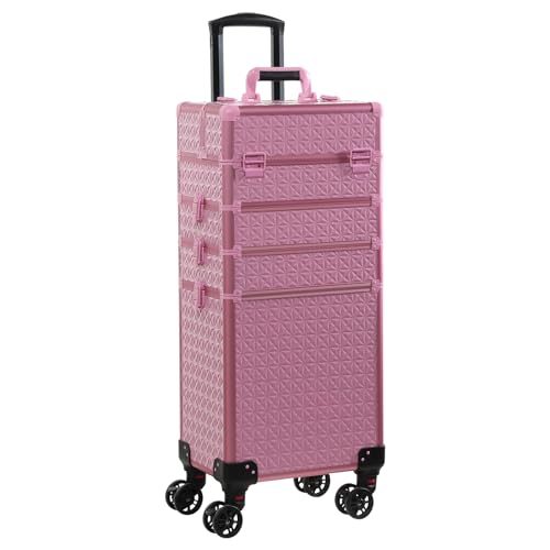 Estojo de trem com rodinhas 4 em 1 portátil para maquiagem organizador de cosméticos profissional estojo de viagem Trolley Cart Trunk, rosa, Central Hardside Mala expansível com rodas giratórias