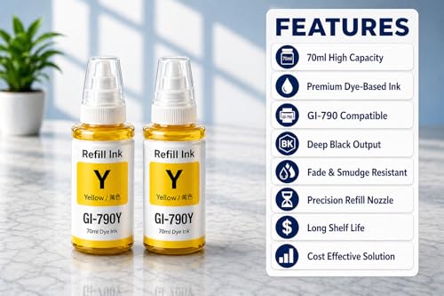 Image of ROHINK GI-790 Series Refill Ink, Compatible with G1000, G1010, G1100, G2000, G2100, G3000, G3010, G3012, G3100, G4000, G4010 Printers (Canon GI 790 Yellow (Pack 2))