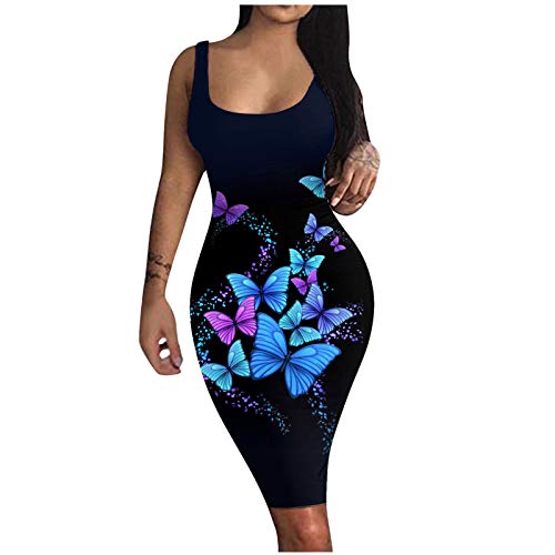 wlczzyn Women Dresses Sexy Bodycon V Neck Sheath Dress Womens Sleeveless Print Casual Summer Midi Dress Ladies Sundress Blue