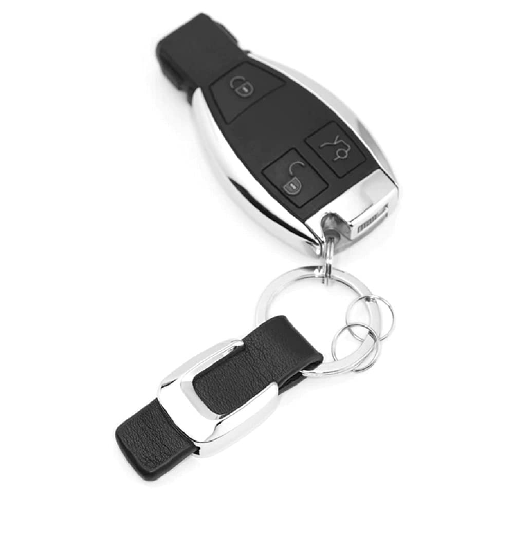 3D Silver Chrome Metal Logo with Leather Keyring compatible for Mercedes Benz Class Cars