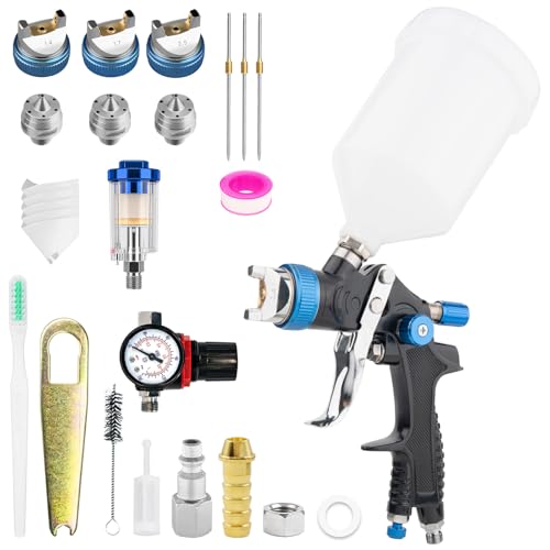 HVLP - Pistola de pulverización con 3 boquillas - 1,4/1,7/2,5 mm, pistola de pintura profesional, pistola de pulverización de aire comprimido por gravedad, con vaso de plástico de 600 ml, con