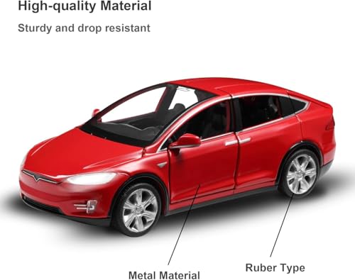 Image of 1:32 Tesla Model X Toy Car with Pull-Back Action Lights, Sound and openable Doors.Durable diecast Model for Kids Aged 3-12 offering Hours of Fun and Realistic Play (Red)