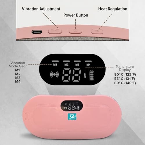 Image of Q Devices Menstrual Heating Pad for Period Cramps Relief - Cordless Electric Stomach & Back Pain Massage Belt with 3 Heat Levels, 4 Vibration Modes, Portable Wearable Design for Women (Pink)