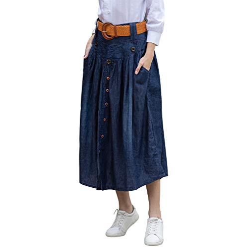 Chowsir Women Front Button Side Pockets Denim Midi Skirt with Belt (Large, Blue)