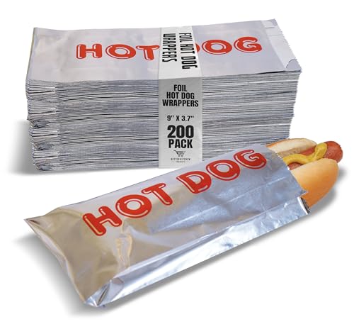 Better Kitchen Products Foil Hot Dog Wrappers, 9' x 3.7', Insulated Grease Resistant Hot Bag Sleeves, Disposable Foil Paper Hot Dog Bags (200 Pack)