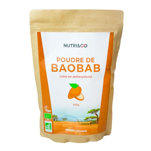 NUTRI & CO Poudre de Baobab BIO 500g - 100% Naturel, Riche en Antioxydants, Fibres & Vitamines - Immunité et Transit - Adansonia Digitata Issue d’une filière Durable & Responsable