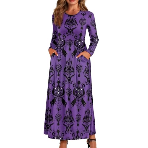 Renewold Women's Casual Dresses with Pockets Long Sleeve Women's Dresses High Waist A-line Swing Dress Ankle Length