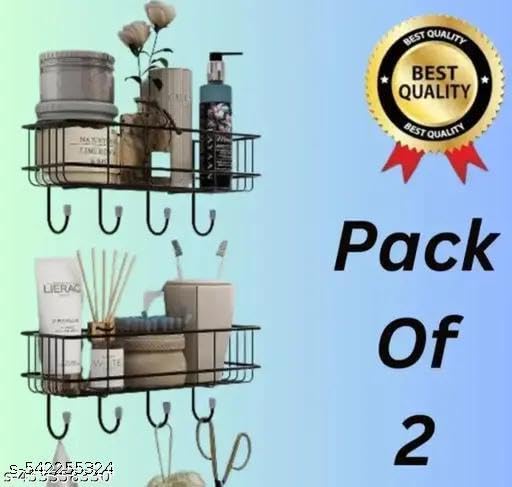 (PACK OF 2) Steel Self-Adhesive Multipurpose Bathroom Shelf with Hooks/Towel Holder/Rack/Bathroom Accessories-Wall Mount - Pack|Design - for home and kitchen 2
