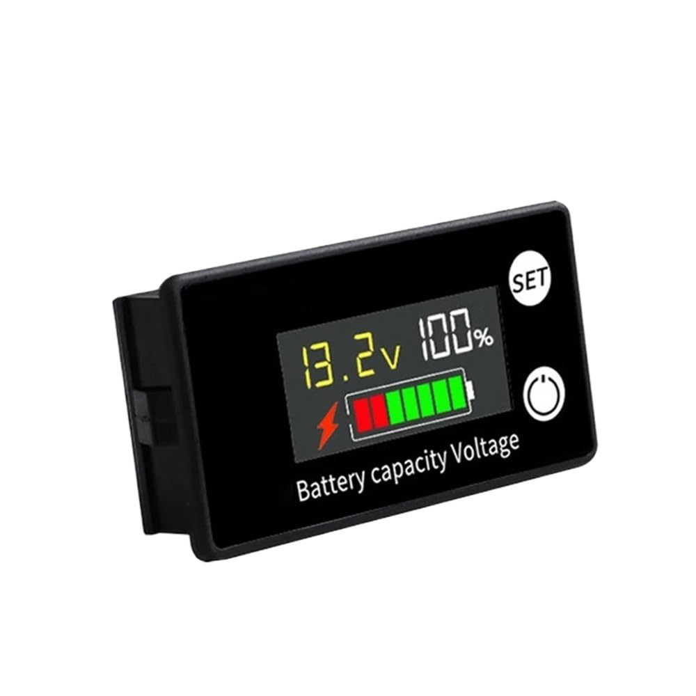 Front view of the FCNGEVBH DC8-100V Battery Capacity Indicator showing the LCD display with voltage and percentage, and a lightning bolt icon indicating charging.