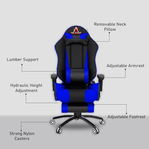 Image of ASE GAMING Gold Series Ergonomic Gaming Chair with Footrest Premium PU Leather, Adjustable Neck & Lumbar Pillow, 180 Degree Recline with Black Metal Base with 3 Years Warranty (Blue)