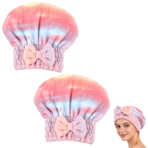 2PCS Super Absorbent Hair Towel Wrap for Wet Hair Microfiber Hair Drying with Caps Bow Design 2026 New Fast Drying Hair Turban Wrap Towels Shower Cap for Girls and Women(Gradient Pink)
