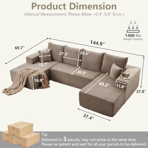 Image of Sectional Cloud Couch for Living Room, Stupendous U Shaped Sofas, Modular Floor Deep-Seat Sofa, Big Comfy Corduroy Couches Set with Fluffy Memory Foam, No Assembly Required, Camel