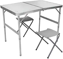 Mesa Dobrável Tipo Maleta com 2 Banquetas, Alumínio e MDF Aluminizado, Branca, 90x60x70cm, Portátil para Camping, Praia e Piquenique