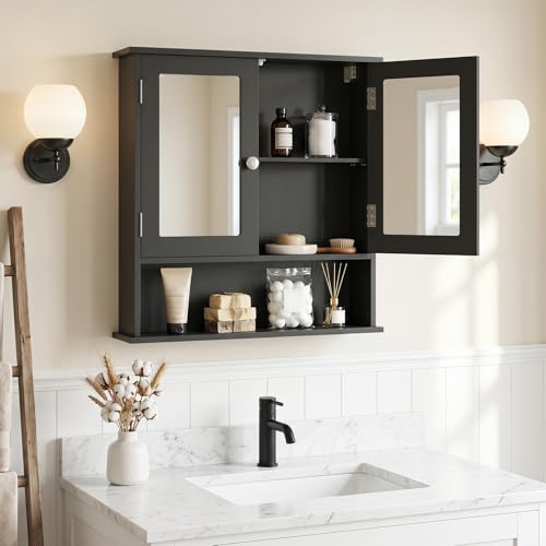 Armario de baño con espejo para ganar espacio, mueble de pared negro doble 3