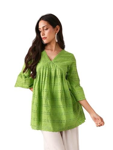 Haut Schiffli en coton confortable blouse brodée légère coupe régulière