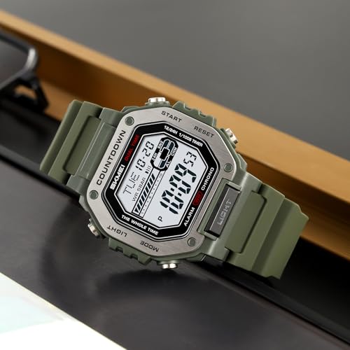 SKMEI Men's Military Digital Sports Watches Waterproof Womens Watches with Luminous Alarm Big Face for Outdoor(Army Green)4