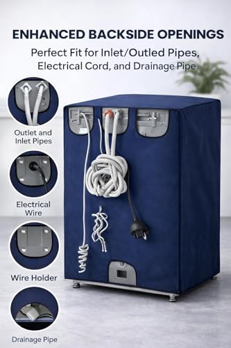 Image of AMAZOR Front Load Fully Automatic Washing Machine Cover for 8 Kg, 8.5 Kg, 9 Kg, 9.5 (Navy Blue) | Waterproof & Dustproof Polyester Fabric with Zipper | Protection Cover | 63 x 63 x 93 cms