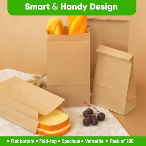 Image of RANUR Large Square Bottom Or Flat Bottom Paper Bags Made Of Brown Fold Top Craft Paper,Size 6 inch X 4 inch X 11.5 inch (100,Count)