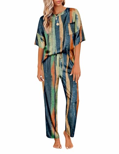 Image of Ekouaer Womens Satin Silky Pajama Set Short Sleeve Shirt with Long Pajama Pant Set Soft PJ Loungewear