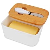 Butter Dish with Lid, Kitchenexus Ceramic Butter Keeper with Bamboo Cover & Steel Knife, Porcelain B