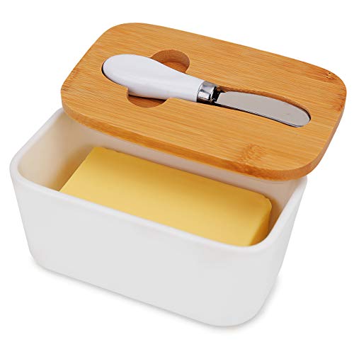 Butter Dish With Lid, Kitchenexus Ceramic Butter Keeper With Bamboo Cover & Steel Knife, Porcelain Butter Bowl Holder Container Perfect For Butter West Or East Coast Butter #TOP10