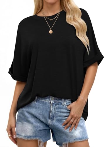 WNEEDU Oversize Shirt Damen Kurzarm Rundhals Oberteile Damen...