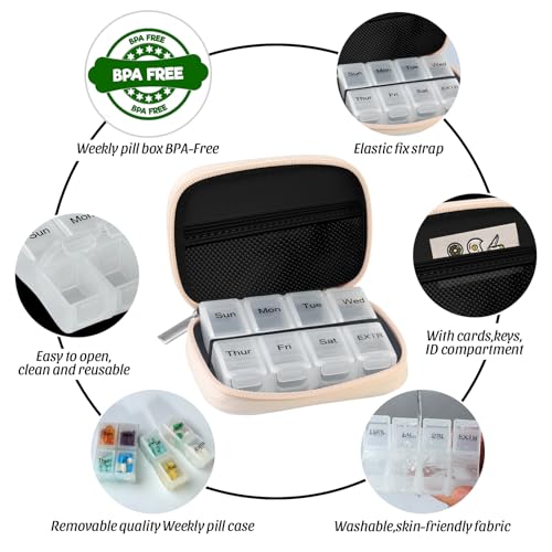 Image of Pill Case Weekly Travel Pill Organizer for Purse with Removable 7 Day Pill Box Premium Neoprene Pill Container for Travel Purse Accessory, Vitamin, Supplement, Small Pieces Arrangement-Cream Yellow