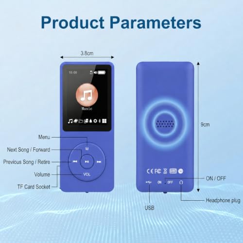 Image of BIGASUO 128GB Mini MP3 Music Player with Bluetooth 5.4 & Voice Control Earphones, Video Playback,Pocket-Sized MP3 Player for Music,Voice Recording,FM Radio, Blue