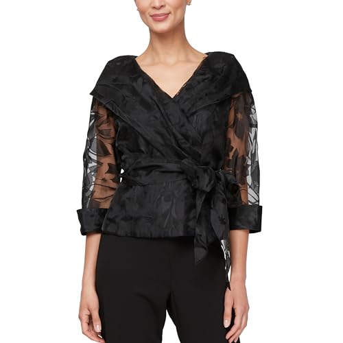Alex Evenings Women's Portrait Collar Organza Blouse with Illusion Sleeves and Tie Belt
