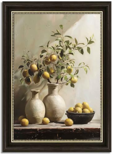 Vintage Dark Brown Framed Lemon Canvas Wall Art Terracotta Vase Lemon Painting Picture Country Still Life Wall Decor Farmhouse Botanical Print Artwork for Kitchen Home Decoration 9×11in