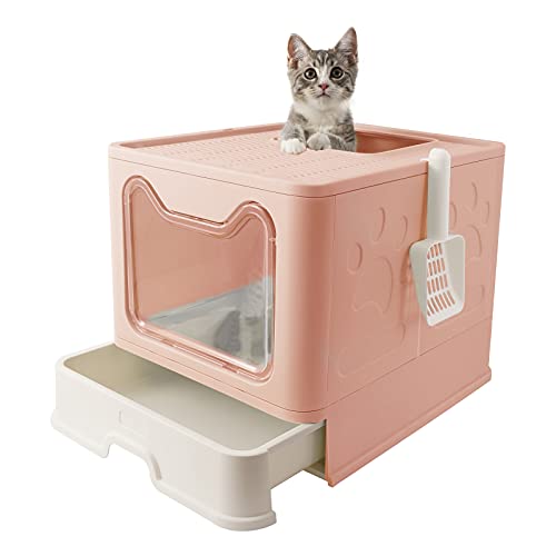 KITTYWOO-Foldable-Cat-Litter-Box-with-Lid-Jumbo-Drawer-Cat-Litter-Pan-Top-Entry-Cat-Litter-Hooded-Box-Large-Anti-Splashing-Cat-Toilet-for-No-Mess-Pink-20-L-x-16-W-x-15-H KITTYWOO-Foldable-Cat-Litter-Box-with-Lid-Jumbo-Drawer-Cat-Litter-Pan-Top-Entry-Cat-Litter-Hooded-Box-Large-Anti-Splashing-Cat-Toilet-for-No-Mess-Pink-20-L-x-16-W-x-15-H