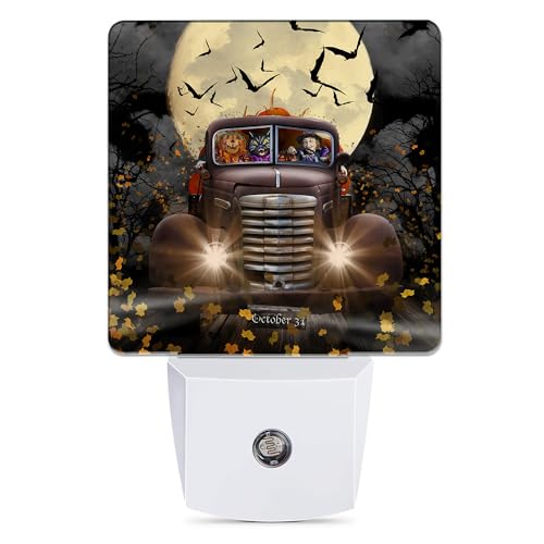 Image of Halloween Truck Night Light, Witch Cat Pumpkin Night Lights Plug into Wall Decorations for Bedroom, Bathroom, Dusk to Dawn Sensor Nightlights for Girls Women Room Gifts