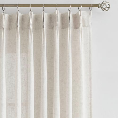 Image of Vision Home Natural Pinch Pleated Semi Sheer Curtains Textured Linen Blended Light Filtering Window Curtains for Living Room Bedroom Pinch Pleat Drapes with Hooks 2 Panels 42 inch Wx63 L