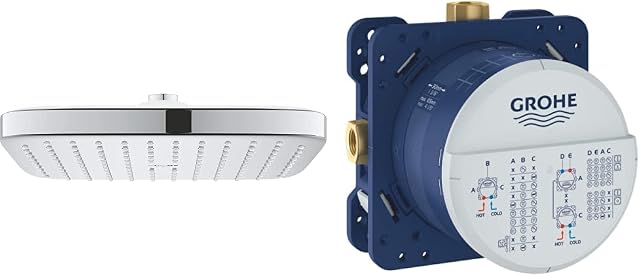 GROHE Vitalio Comfort 250 - Cube Shower Head with Relaxing Rain Spray, Size 25 x 25 cm, Chrome & Rapido Smartbox - Shower Systems -,Blue,Universal Concealed Installation Unit - DN 15-35600000