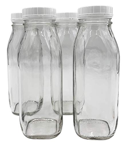 The Dairy Shoppe Glass Milk Bottle, Heavy Glass with Extra Lid, Creamery Style (4, Threaded Pint)